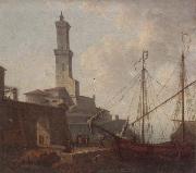 A Port scene with figures loading a boat, unknow artist